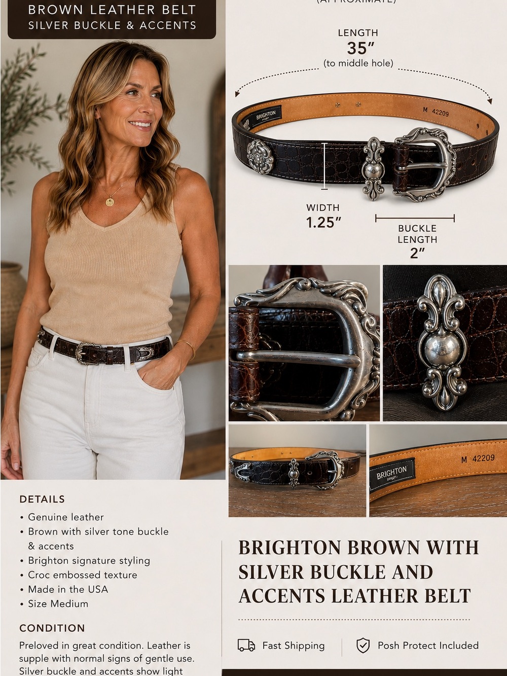 Brighton Brown Croc Embossed Leather Belt Silver Conchos Medium M 42209